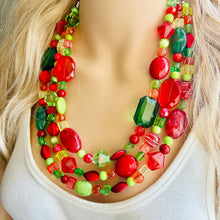 Load image into Gallery viewer, Christmas Chunky Statement Necklace &amp; Stretch Bracelet set, Triple Strand Beaded jewelry, green red holiday bridesmaid lime earrings silver