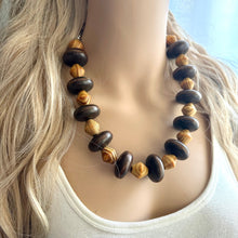 Load image into Gallery viewer, Wood Statement Necklace Jewelry, Chunky Jewelry Big Beaded 1 Strand Necklace, orange wood Necklace, coffee brown striped geometric bead