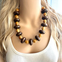 Load image into Gallery viewer, Wood Statement Necklace Jewelry, Chunky Jewelry Big Beaded 1 Strand Necklace, orange wood Necklace, coffee brown striped geometric bead