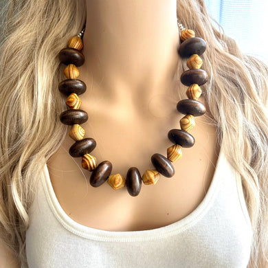 Wood Statement Necklace Jewelry, Chunky Jewelry Big Beaded 1 Strand Necklace, orange wood Necklace, coffee brown striped geometric bead