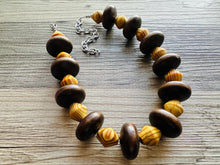 Load image into Gallery viewer, Wood Statement Necklace Jewelry, Chunky Jewelry Big Beaded 1 Strand Necklace, orange wood Necklace, coffee brown striped geometric bead