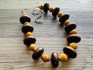 Wood Statement Necklace Jewelry, Chunky Jewelry Big Beaded 1 Strand Necklace, orange wood Necklace, coffee brown striped geometric bead