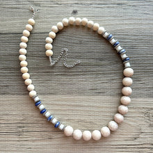 Load image into Gallery viewer, Vintage Wood + Glass Beaded long necklace, neutral beaded statement necklace, everyday gem stone chunky layering necklace blue silver white