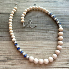 Load image into Gallery viewer, Vintage Wood + Glass Beaded long necklace, neutral beaded statement necklace, everyday gem stone chunky layering necklace blue silver white