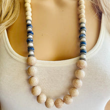 Load image into Gallery viewer, Vintage Wood + Glass Beaded long necklace, neutral beaded statement necklace, everyday gem stone chunky layering necklace blue silver white