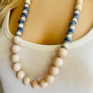 Vintage Wood + Glass Beaded long necklace, neutral beaded statement necklace, everyday gem stone chunky layering necklace blue silver white