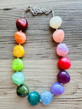 Load image into Gallery viewer, Rainbow Statement Necklace, candy chunky multi-strand jewelry, yellow red green sky blue necklace, single strand silver necklace thick