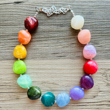 Load image into Gallery viewer, Rainbow Statement Necklace, candy chunky multi-strand jewelry, yellow red green sky blue necklace, single strand silver necklace thick