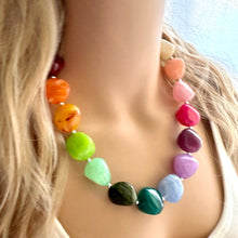 Load image into Gallery viewer, Rainbow Statement Necklace, candy chunky multi-strand jewelry, yellow red green sky blue necklace, single strand silver necklace thick