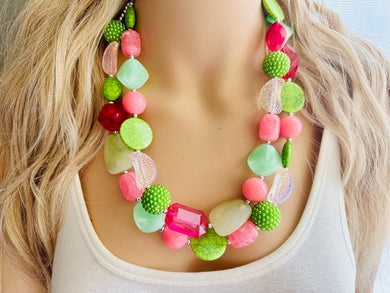 Spring Storm Green & Pink Necklace, multi strand colorful jewelry, big beaded chunky statement set necklace bubble everyday lime mint