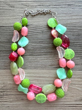 Load image into Gallery viewer, Spring Storm Green &amp; Pink Necklace, multi strand colorful jewelry, big beaded chunky statement set necklace bubble everyday lime mint