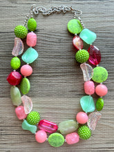 Load image into Gallery viewer, Spring Storm Green &amp; Pink Necklace, multi strand colorful jewelry, big beaded chunky statement set necklace bubble everyday lime mint