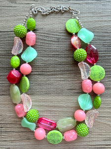 Spring Storm Green & Pink Necklace, multi strand colorful jewelry, big beaded chunky statement set necklace bubble everyday lime mint