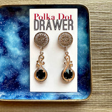 Load image into Gallery viewer, Silver + Black Earrings, silver drop Earrings, shiny jewelry earrings metal geometric, gray geometric OOAK swirl flourish design