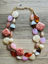 Load image into Gallery viewer, Golden Pink Hour Statement Necklace, chunky bib beaded jewelry, colorful jewelry, hot pink white cream flower, beaded jewelry rose