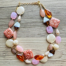 Load image into Gallery viewer, Golden Pink Hour Statement Necklace, chunky bib beaded jewelry, colorful jewelry, hot pink white cream flower, beaded jewelry rose