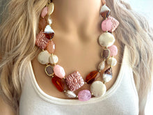 Load image into Gallery viewer, Golden Pink Hour Statement Necklace, chunky bib beaded jewelry, colorful jewelry, hot pink white cream flower, beaded jewelry rose