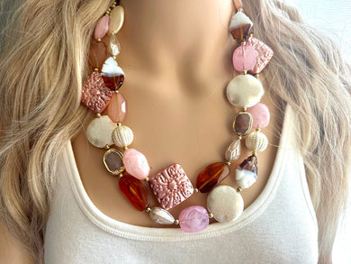 Golden Pink Hour Statement Necklace, chunky bib beaded jewelry, colorful jewelry, hot pink white cream flower, beaded jewelry rose