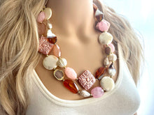Load image into Gallery viewer, Golden Pink Hour Statement Necklace, chunky bib beaded jewelry, colorful jewelry, hot pink white cream flower, beaded jewelry rose