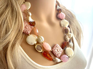 Golden Pink Hour Statement Necklace, chunky bib beaded jewelry, colorful jewelry, hot pink white cream flower, beaded jewelry rose
