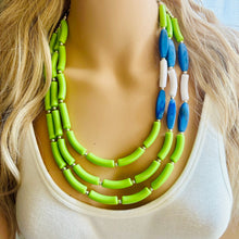 Load image into Gallery viewer, Blue and Lime Green 3 strand Necklace, skinny color block statement beaded washington jewelry, green white blue, neutral Oceanside