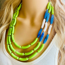 Load image into Gallery viewer, Blue and Lime Green 3 strand Necklace, skinny color block statement beaded washington jewelry, green white blue, neutral Oceanside