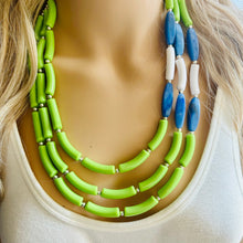 Load image into Gallery viewer, Blue and Lime Green 3 strand Necklace, skinny color block statement beaded washington jewelry, green white blue, neutral Oceanside