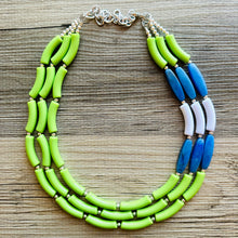 Load image into Gallery viewer, Blue and Lime Green 3 strand Necklace, skinny color block statement beaded washington jewelry, green white blue, neutral Oceanside