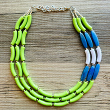 Load image into Gallery viewer, Blue and Lime Green 3 strand Necklace, skinny color block statement beaded washington jewelry, green white blue, neutral Oceanside