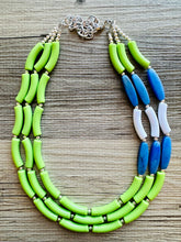 Load image into Gallery viewer, Blue and Lime Green 3 strand Necklace, skinny color block statement beaded washington jewelry, green white blue, neutral Oceanside