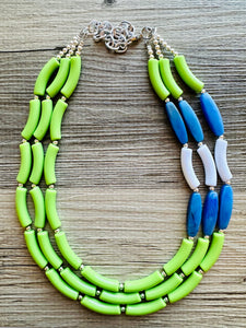 Blue and Lime Green 3 strand Necklace, skinny color block statement beaded washington jewelry, green white blue, neutral Oceanside