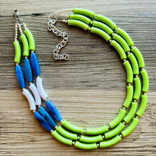 Load image into Gallery viewer, Blue and Lime Green 3 strand Necklace, skinny color block statement beaded washington jewelry, green white blue, neutral Oceanside