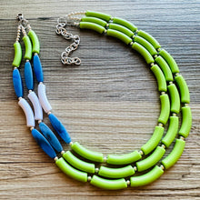 Load image into Gallery viewer, Blue and Lime Green 3 strand Necklace, skinny color block statement beaded washington jewelry, green white blue, neutral Oceanside