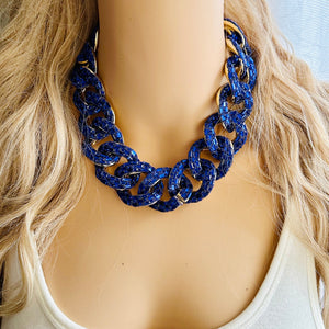 Royal Blue rhinestone Linking Chain Choker shirt necklace, stunning elegant silver gold statement bib necklace dark blue