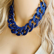 Load image into Gallery viewer, Royal Blue rhinestone Linking Chain Choker shirt necklace, stunning elegant silver gold statement bib necklace dark blue