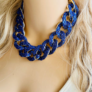 Royal Blue rhinestone Linking Chain Choker shirt necklace, stunning elegant silver gold statement bib necklace dark blue