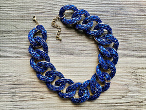 Royal Blue rhinestone Linking Chain Choker shirt necklace, stunning elegant silver gold statement bib necklace dark blue