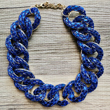 Load image into Gallery viewer, Royal Blue rhinestone Linking Chain Choker shirt necklace, stunning elegant silver gold statement bib necklace dark blue