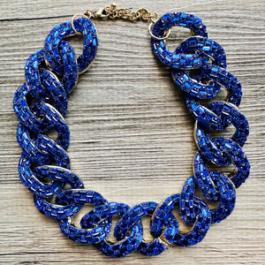 Royal Blue rhinestone Linking Chain Choker shirt necklace, stunning elegant silver gold statement bib necklace dark blue