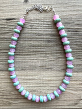 Load image into Gallery viewer, Pink &amp; Green Shimmer Single Strand Beaded Statement Necklace, turquoise beaded necklace, purple bridesmaid jewelry layering glitter resin