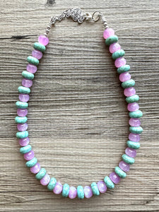 Pink & Green Shimmer Single Strand Beaded Statement Necklace, turquoise beaded necklace, purple bridesmaid jewelry layering glitter resin