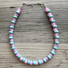 Load image into Gallery viewer, Pink &amp; Green Shimmer Single Strand Beaded Statement Necklace, turquoise beaded necklace, purple bridesmaid jewelry layering glitter resin