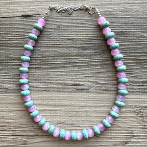 Pink & Green Shimmer Single Strand Beaded Statement Necklace, turquoise beaded necklace, purple bridesmaid jewelry layering glitter resin