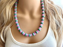 Load image into Gallery viewer, Pink &amp; Green Shimmer Single Strand Beaded Statement Necklace, turquoise beaded necklace, purple bridesmaid jewelry layering glitter resin