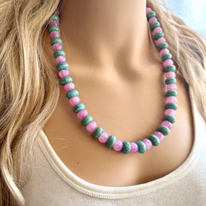 Pink & Green Shimmer Single Strand Beaded Statement Necklace, turquoise beaded necklace, purple bridesmaid jewelry layering glitter resin