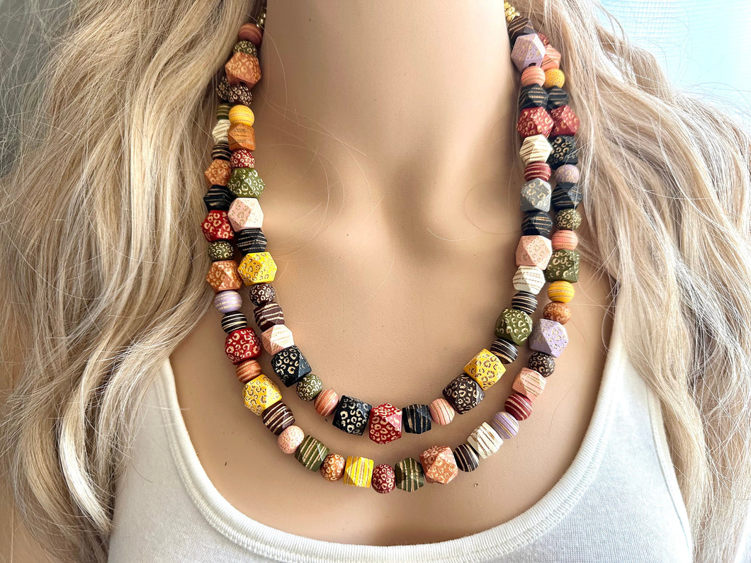 Rainbow textured Double Strand statement necklace, big beaded chunky jewelry, animal print cheetah stripes wood geometric OOAK