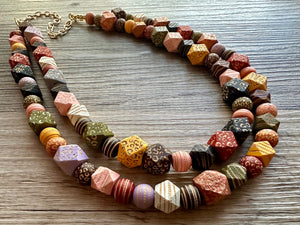 Rainbow textured Double Strand statement necklace, big beaded chunky jewelry, animal print cheetah stripes wood geometric OOAK