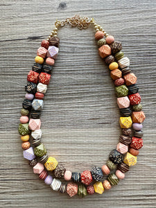 Rainbow textured Double Strand statement necklace, big beaded chunky jewelry, animal print cheetah stripes wood geometric OOAK