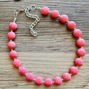 Coral Crackle Statement Necklace, big Beaded Chunky Jewelry, Single Strand wedding everyday dress necklace, pink jewelry silver black peach