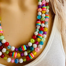 Load image into Gallery viewer, Triple Rainbow Silver Beaded Necklace, Colorful Jewelry, Chunky statement necklace, rainbow jewelry, rainbow baby confetti white ombré